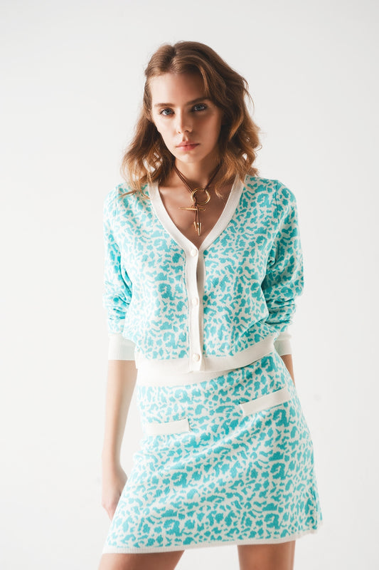 Lightweight knitted cardigan in turquoise animal print | Just Cool Beans — sweaters | tops