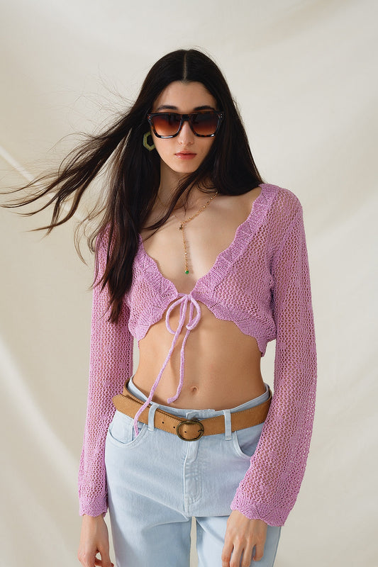 Lilac short crochet cardigan with lurex detail | Just Cool Beans — sweaters | bottoms