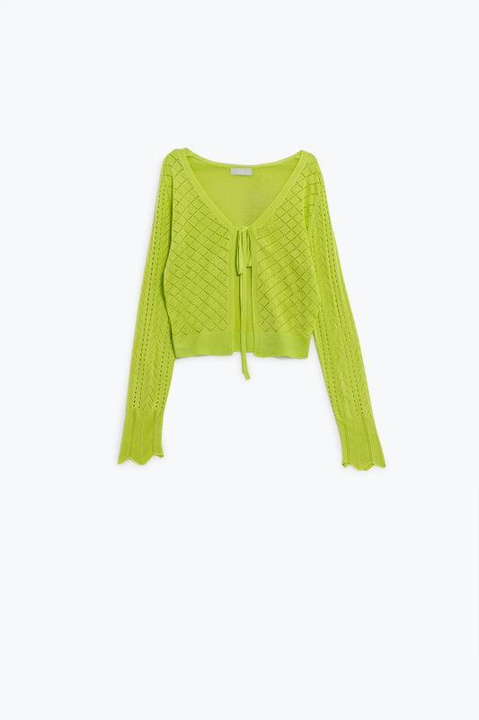 Lime cardigan with argyle print and tie closing | Just Cool Beans — sweaters | tops