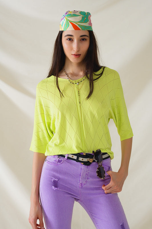 Lime colored short sleeve sweater with argyle pattern | Just Cool Beans — sweaters | bottoms