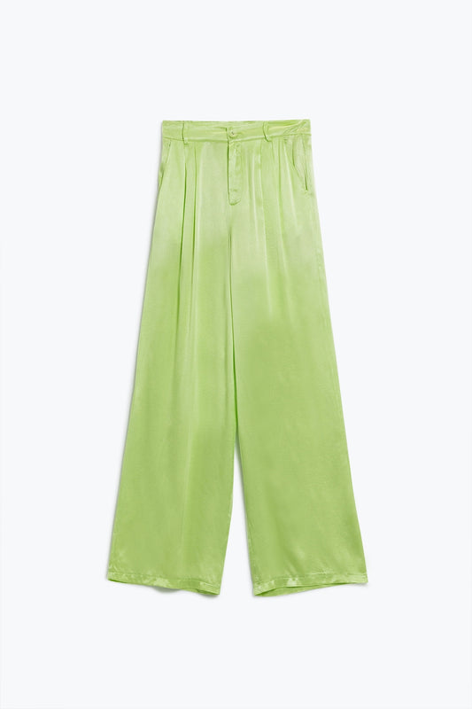 Lime flared satin pants with pockets | Just Cool Beans — pants | bottoms