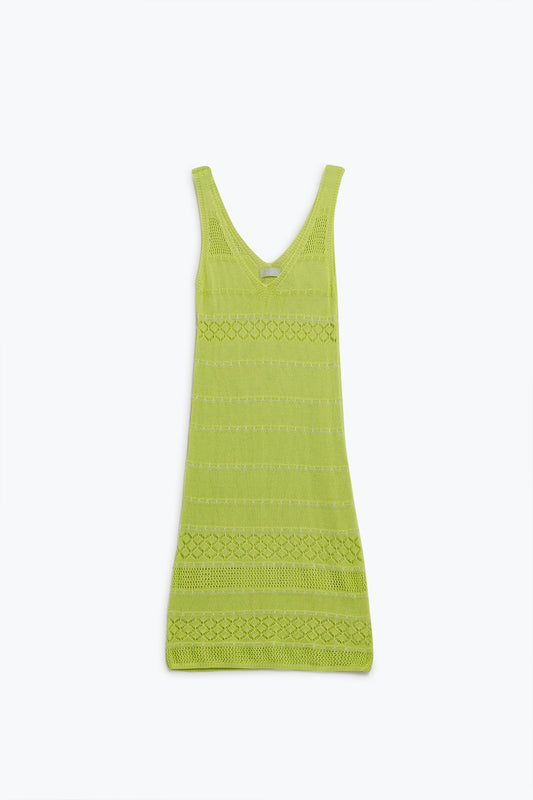 Lime midi sleeveless dress with v-neck and crochet design | Just Cool Beans — dresses
