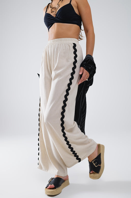 Linen contrast scallop trim pants in beige | Just Cool Beans — pants | bottoms