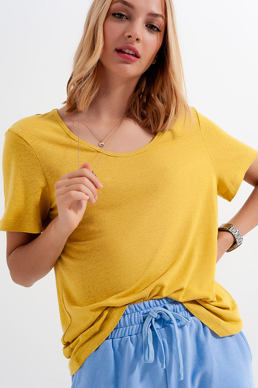 Linen mix scoop front t-shirt in yellow | Just Cool Beans — tops