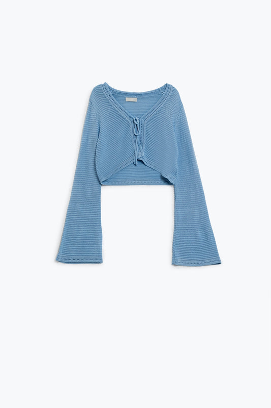 Long bell sleeve knitted cardigan in blue with knot detail | Just Cool Beans — sweaters | tops