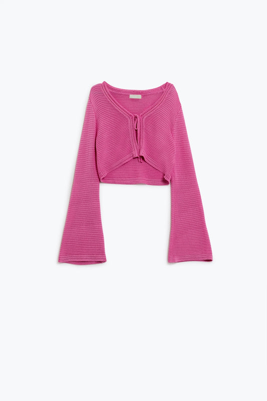 Long bell sleeve knitted cardigan in fuchsia with knot detail | Just Cool Beans — sweaters | tops