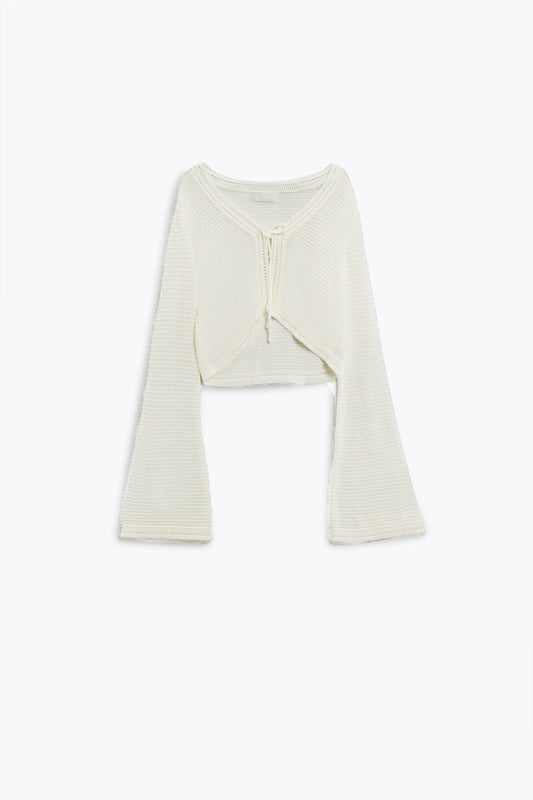 Long bell sleeve knitted cardigan in white with knot detail | Just Cool Beans — sweaters | tops