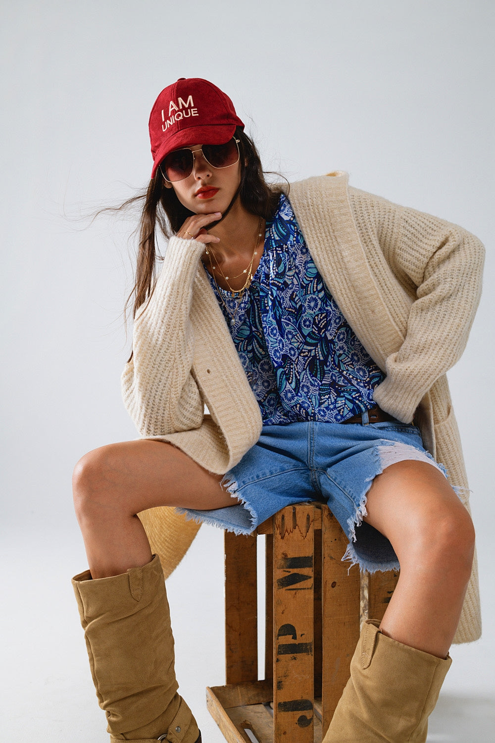 Long ribbed cardigan with pockes and hood in cream | Just Cool Beans — coats and jackets | jackets