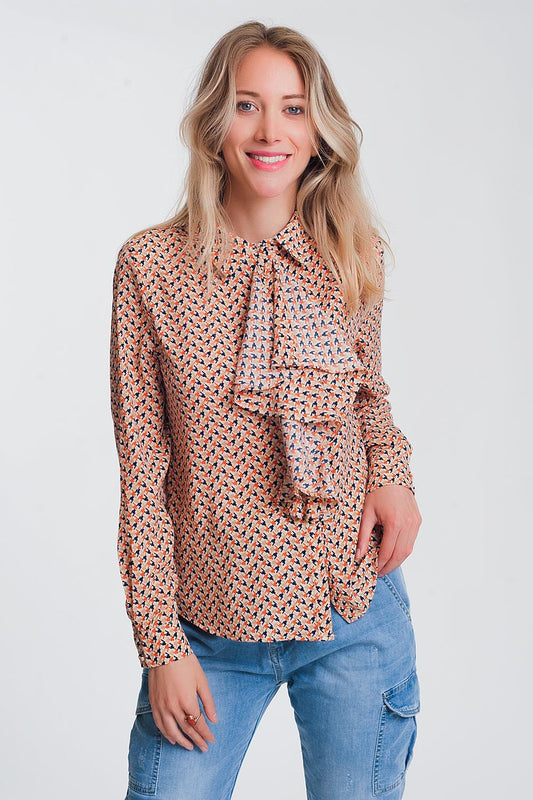 Long sleeve blouse with ruffle detail in beige | Just Cool Beans — shirts | tops