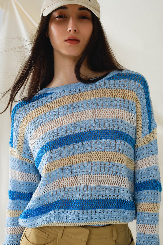Long sleeve blue multicolored sweater with boat neck | Just Cool Beans — sweaters | tops