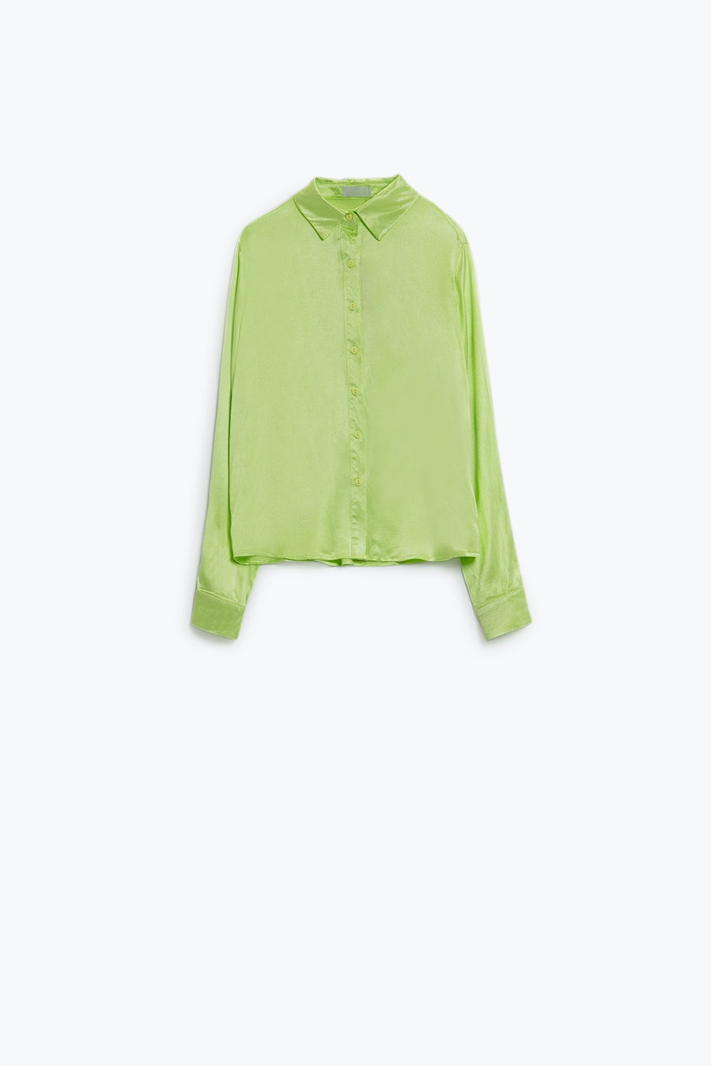 Long sleeve button up satin blouse with polo collar in the color lime | Just Cool Beans — shirts | tops