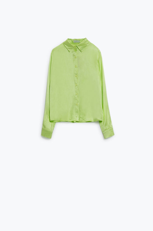 Long sleeve button up satin blouse with polo collar in the color lime | Just Cool Beans — shirts | tops