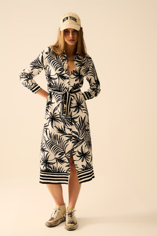 Long sleeve midi dress in tropical motif in black and white | Just Cool Beans — dresses