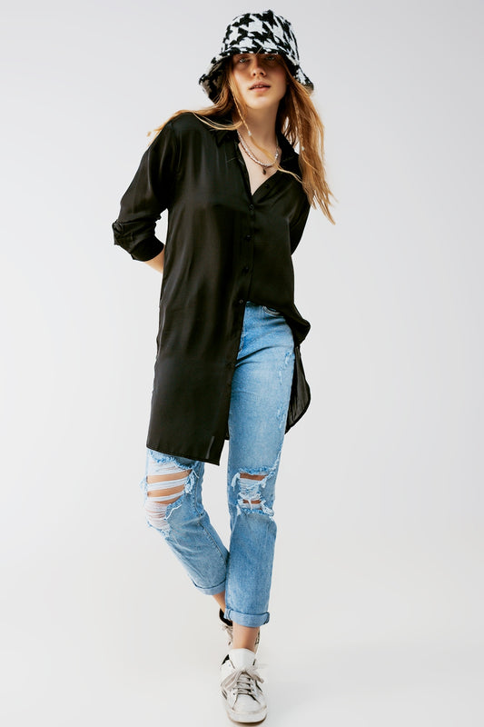 Long sleeve satin button front shirt in black | Just Cool Beans — shirts | nan
