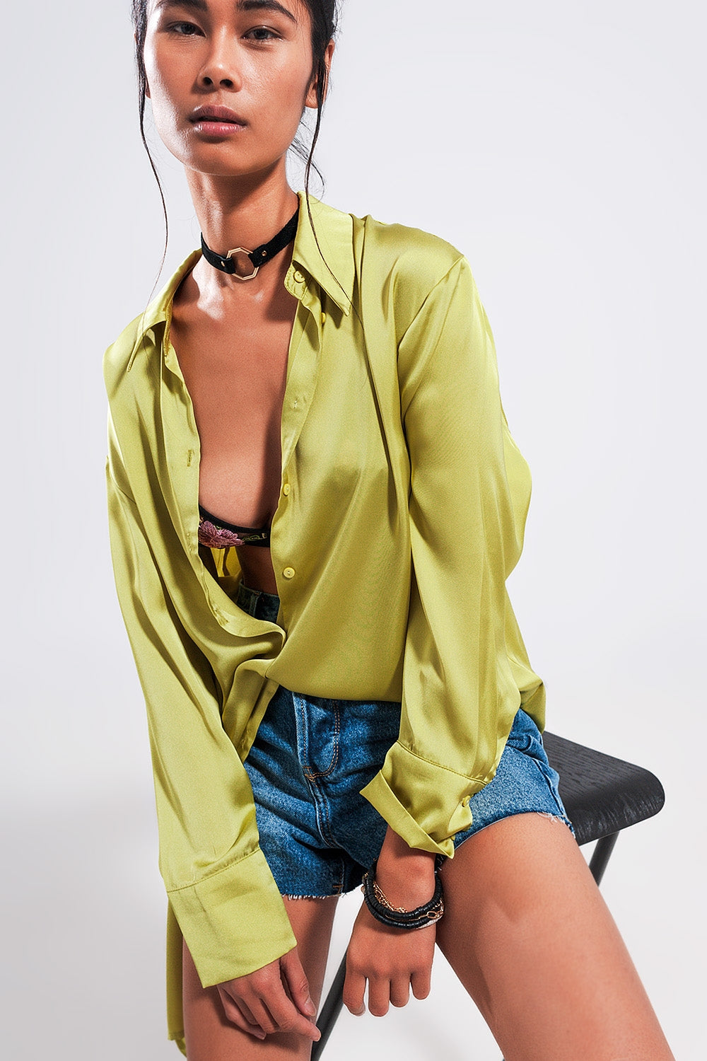 Long sleeve satin button front shirt in green | Just Cool Beans — shirts | nan