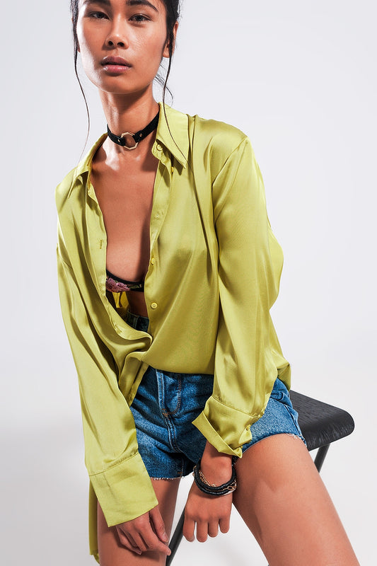 Long sleeve satin button front shirt in green | Just Cool Beans — shirts | nan
