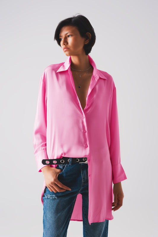 Long sleeve satin button front shirt in pink | Just Cool Beans — shirts | nan