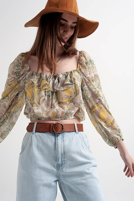 Long sleeve sheer top with shirred waist and tie detail in cachemir | Just Cool Beans — shirts | tops