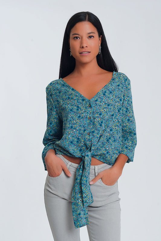 Long sleeve v neck blouse with button detail in green floral print | Just Cool Beans — shirts | tops