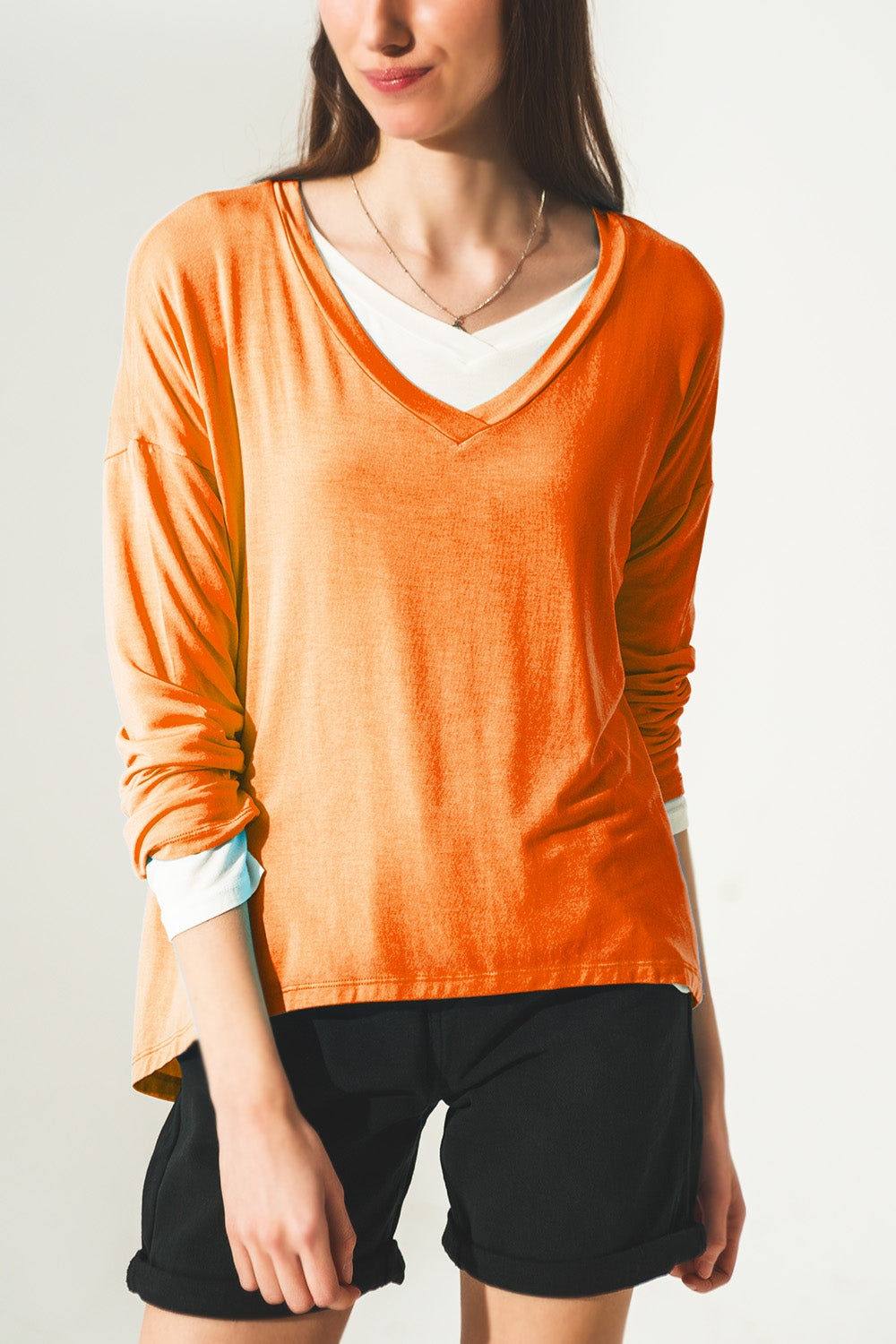 Long sleeve v neck top in modal in orange | Just Cool Beans — tops