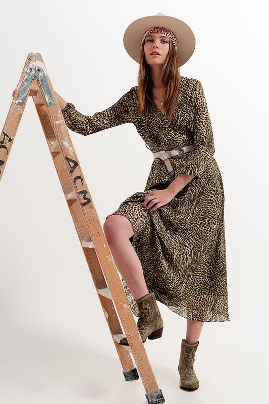 Long sleeve wrap front chiffon dress with belt in shiny print | Just Cool Beans — dresses