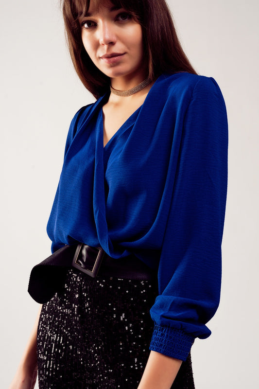 Long sleeved wrap satin blouse in blue | Just Cool Beans — shirts | tops