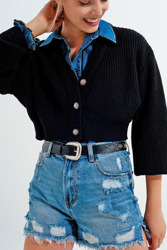 Long sleeves black cardigan with strass button detail | Just Cool Beans — sweaters | tops