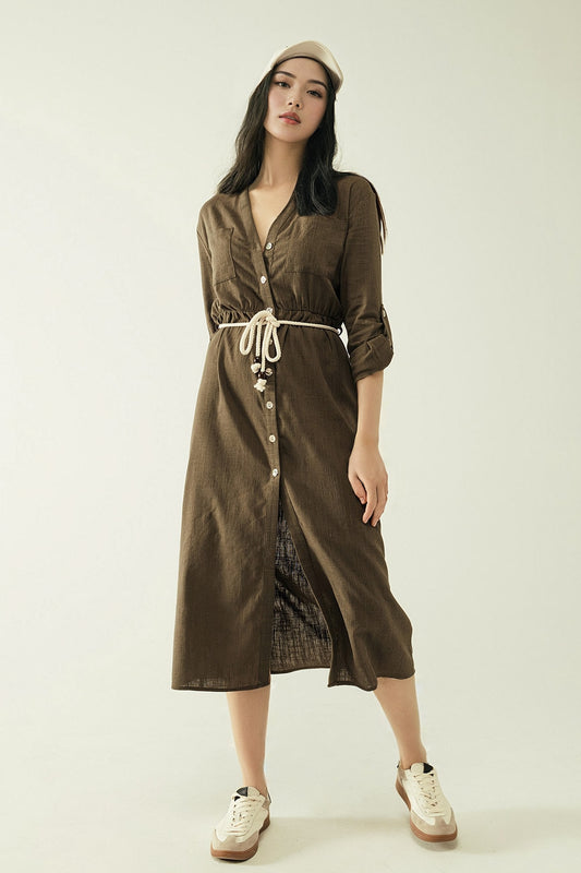 Long sleeves khaki shirt dress with button closure | Just Cool Beans — dresses