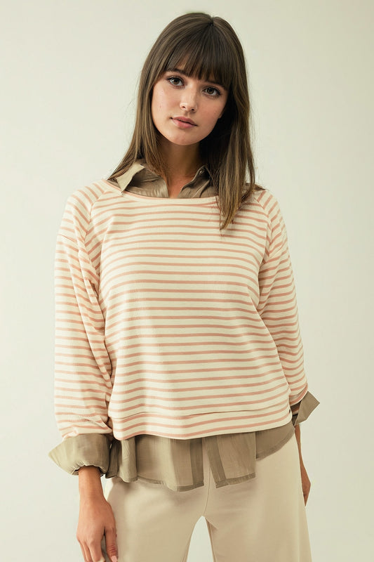 Long sleeves white sweater with pink stripes and a boat neck | Just Cool Beans — sweaters | tops