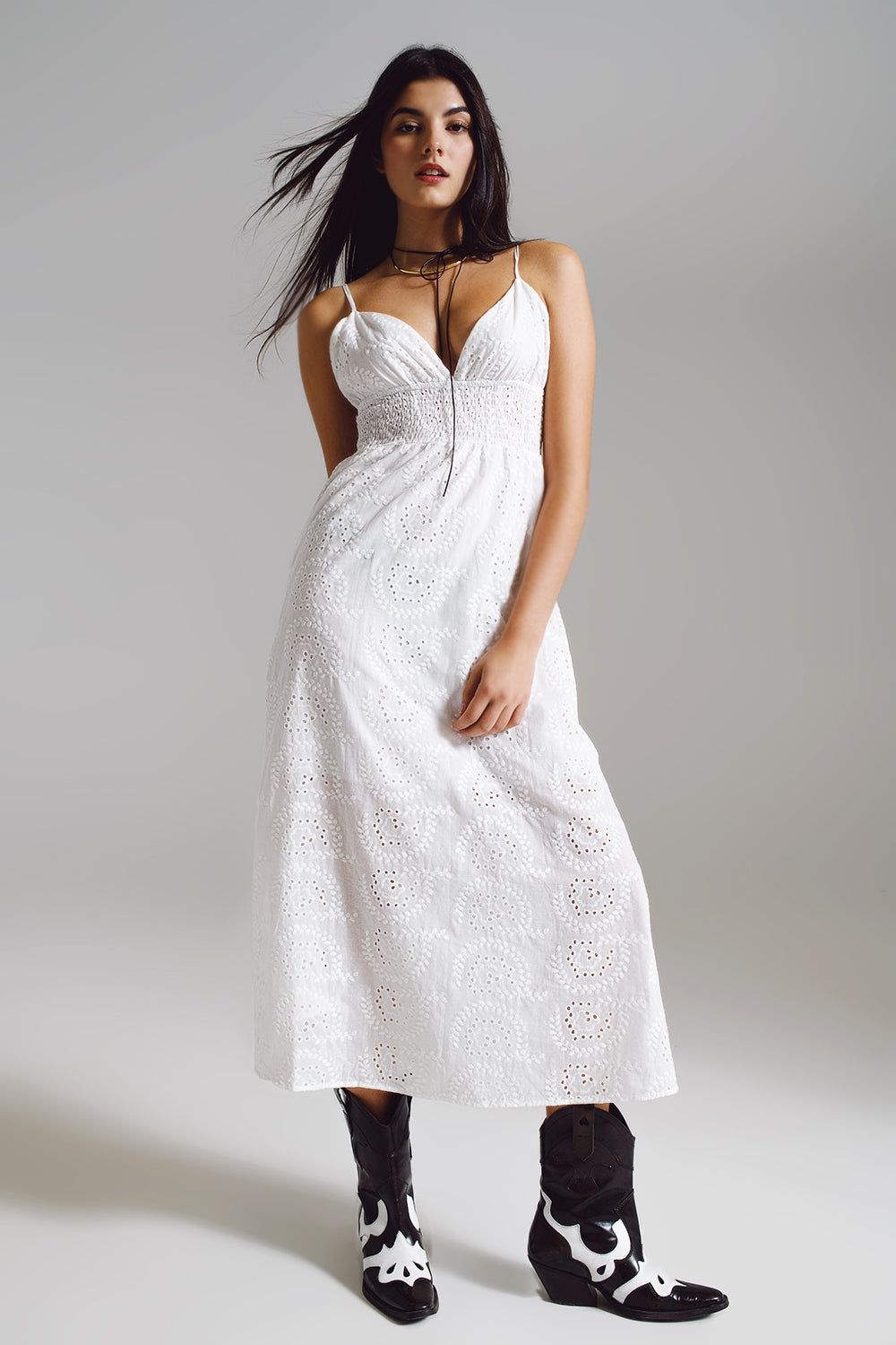 Long white crochet dress with fitted waist | Just Cool Beans — dresses