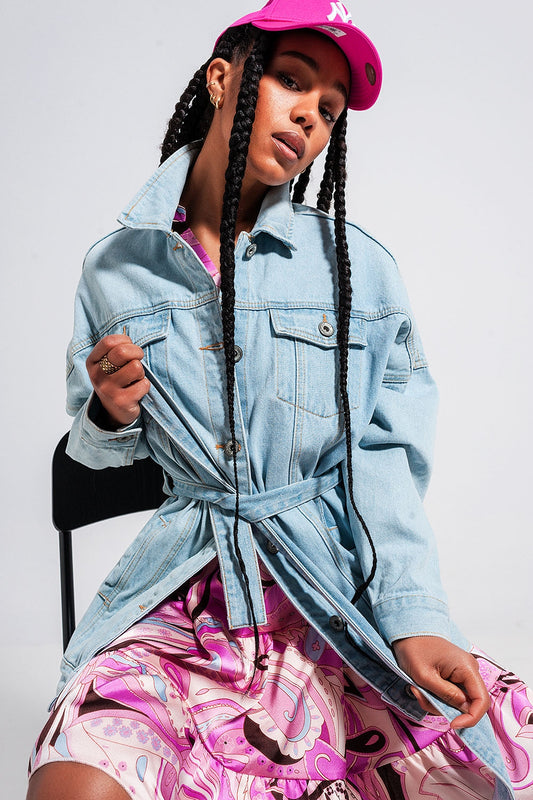 Longline denim jacket with belt in light blue wash | Just Cool Beans — coats and jackets | jackets