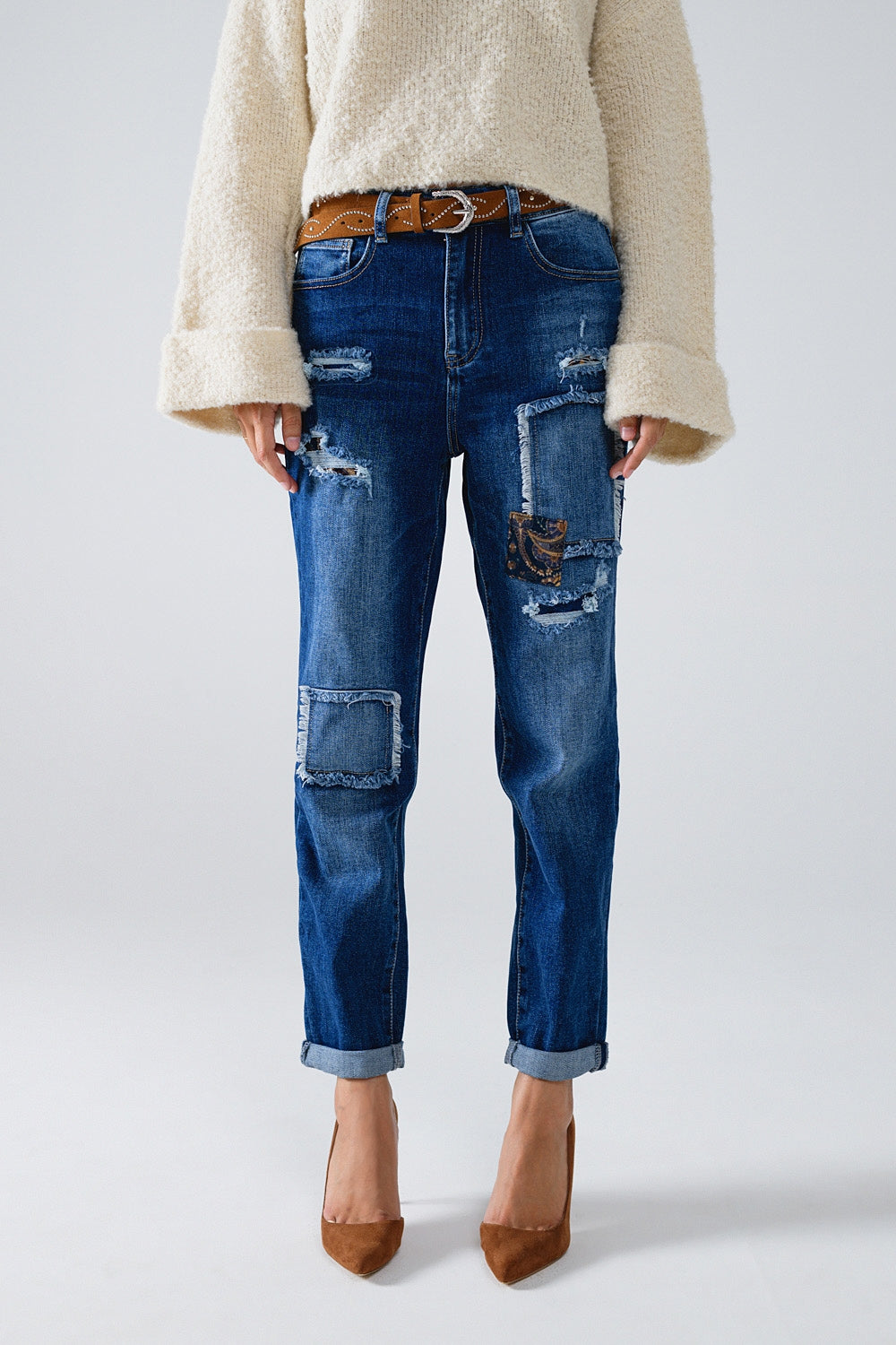 Loose blue jeans with subtle ripped design and patches | Just Cool Beans — jeans | the denim shop