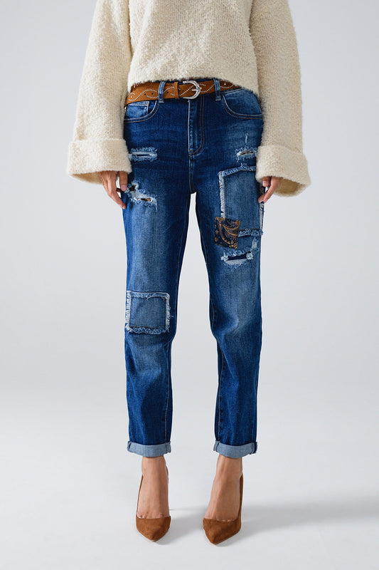 Loose blue jeans with subtle ripped design and patches | Just Cool Beans — jeans | the denim shop