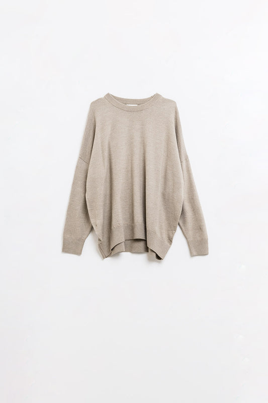 Loose fine-knit sweater in beige with a round neck | Just Cool Beans — sweaters | tops