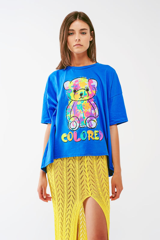 Loose-fitting blue t-shirt with colored bear | Just Cool Beans — tops