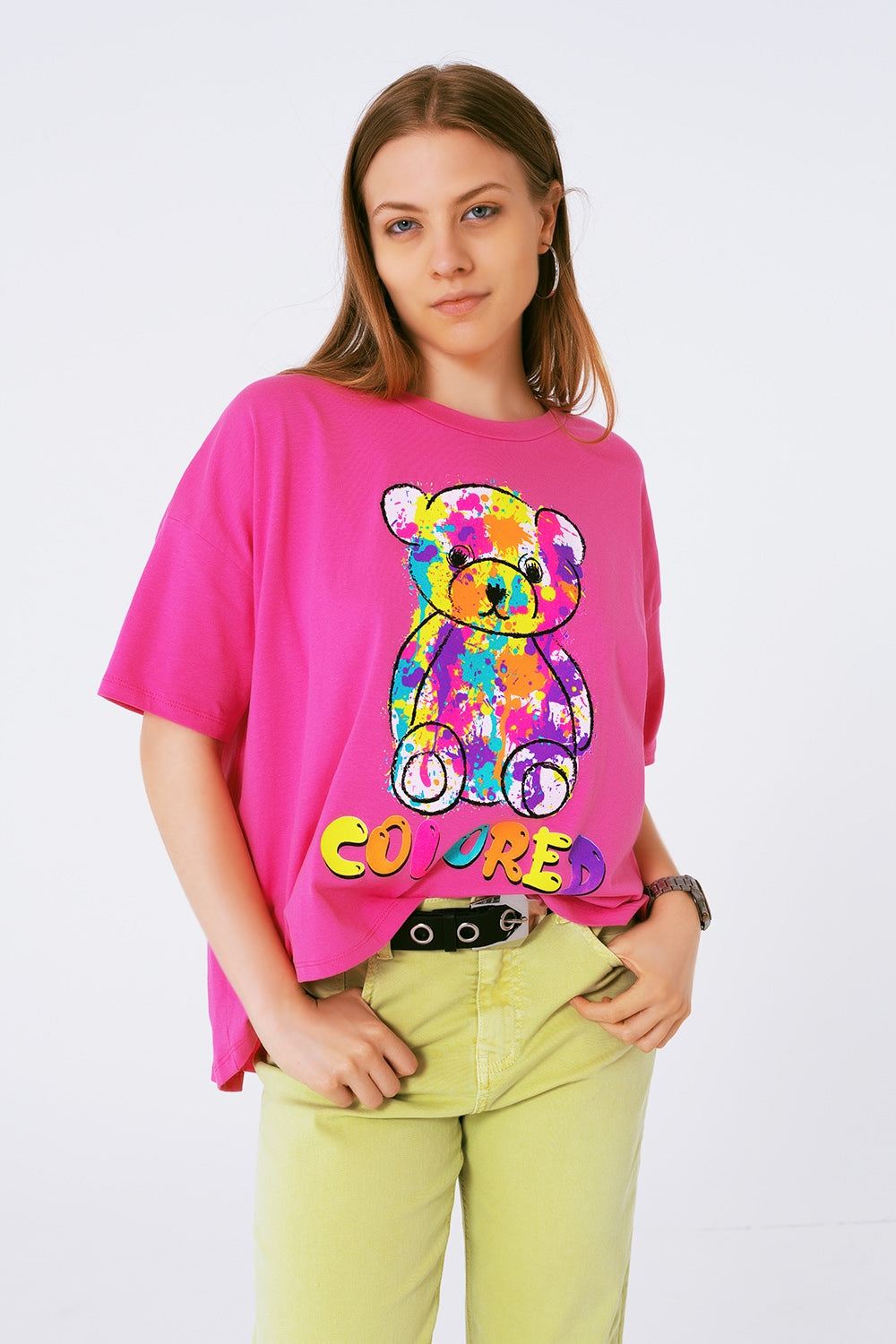 Loose-fitting fuchsia t-shirt with colored bear | Just Cool Beans — tops