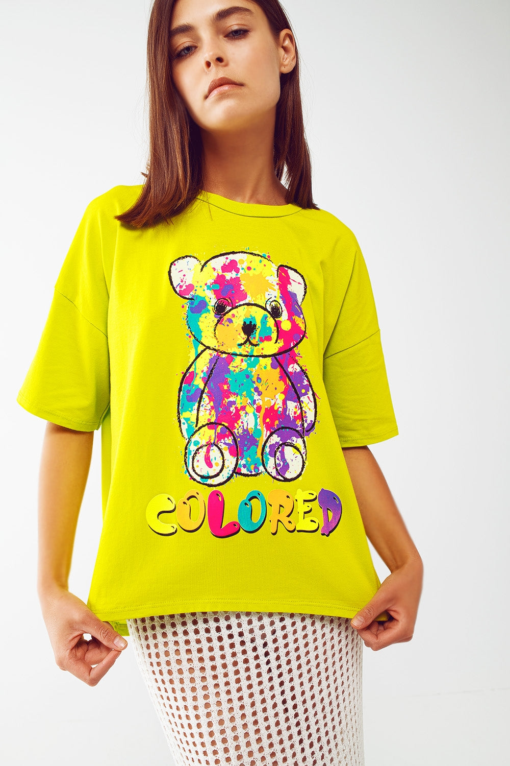 Loose-fitting lime t-shirt with colored bear | Just Cool Beans — tops