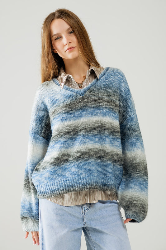 Loose v-neck sweater with blue and grey stripes | Just Cool Beans — sweaters | tops