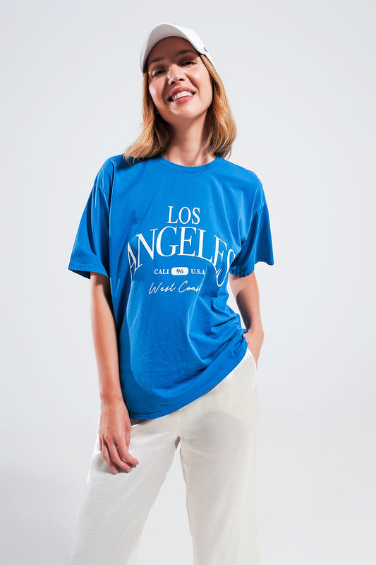 Los angeles slogan t shirt in blue | Just Cool Beans — tops