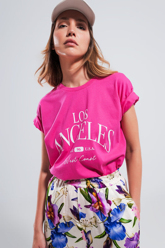 Los angeles slogan t shirt in fuchsia | Just Cool Beans — tops