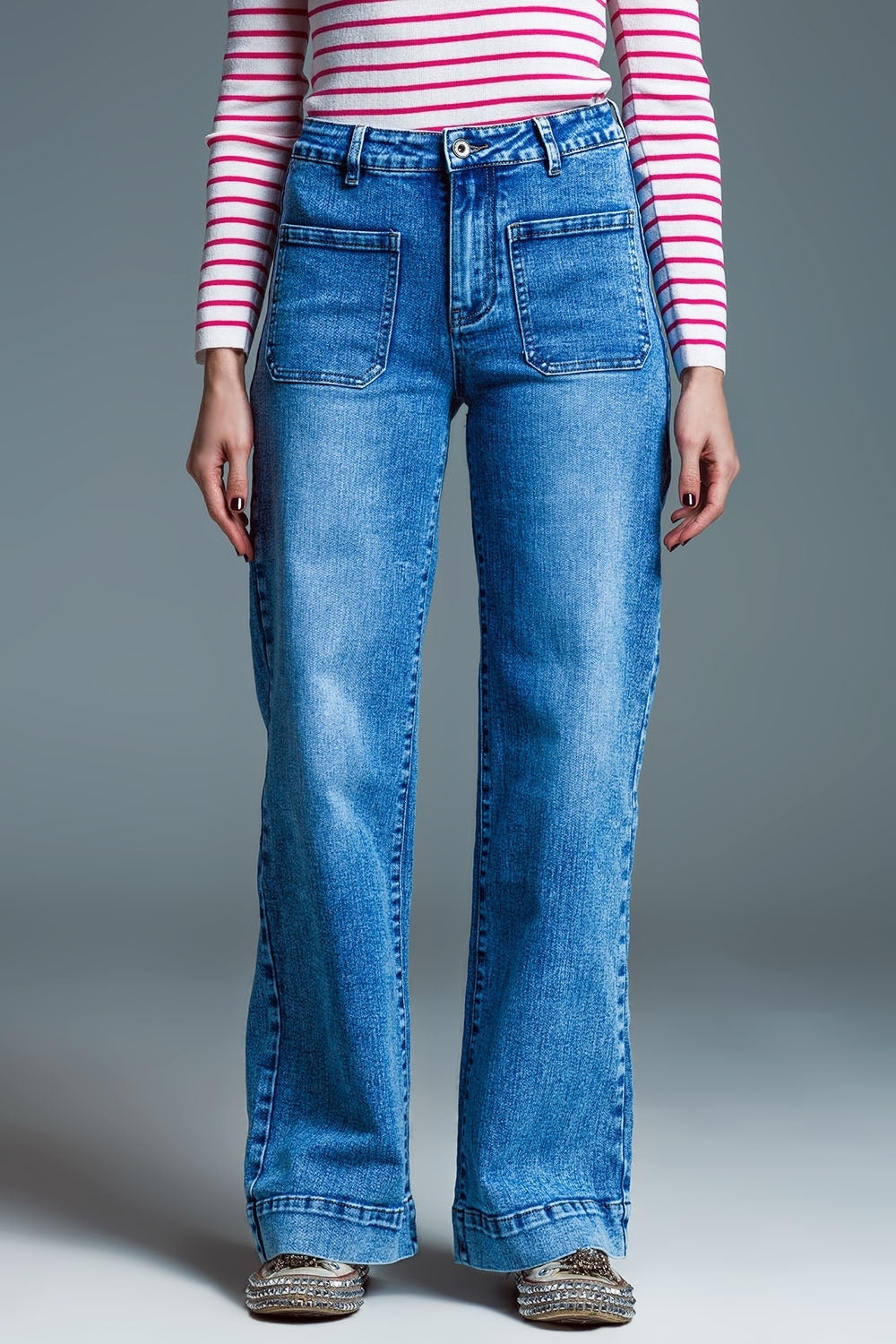 Low waisted jeans with wide leg and marine style front pockets in mid wash | Just Cool Beans — jeans | the denim shop
