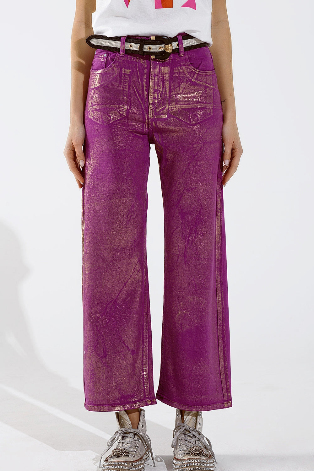 Magenta wide leg jeans with metallic finish in gold | Just Cool Beans — jeans | the denim shop