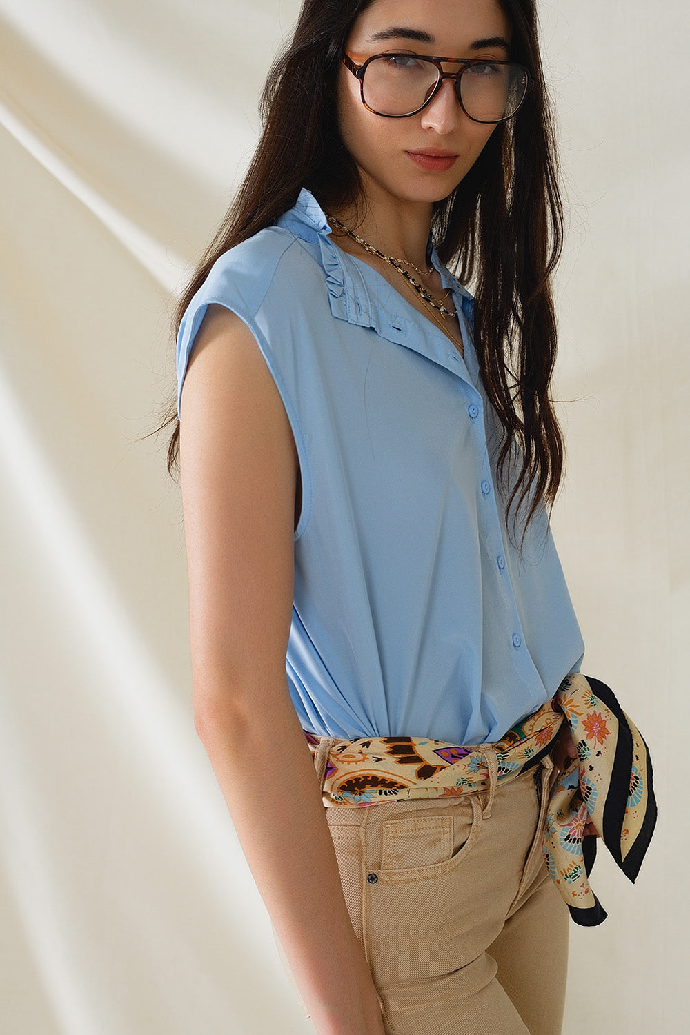 Mao collar sleeveless blue button up blouse | Just Cool Beans — shirts | tops
