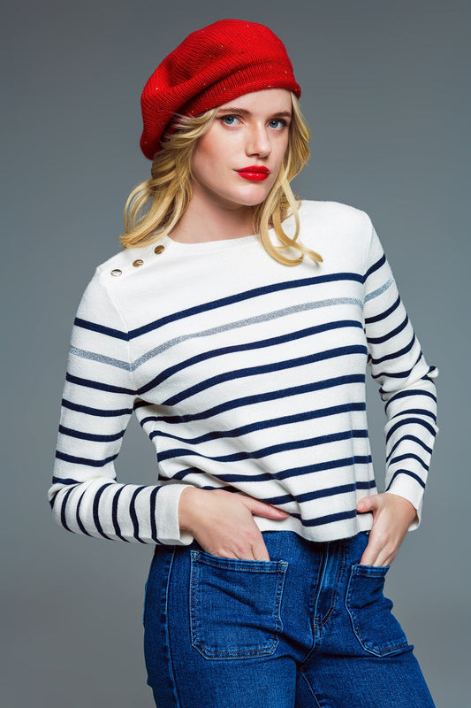 Marine style stripey sweater with button detail at shoulder | Just Cool Beans — sweaters | tops