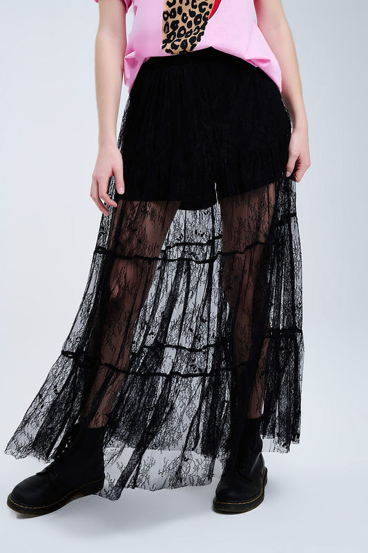 Maxi black lace skirt with floral print | Just Cool Beans — skirts