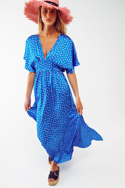 Maxi cinched at the waist dress with angel sleeves in blue polka dot | Just Cool Beans — dresses