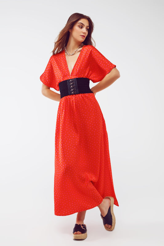 Maxi cinched at the waist dress with angel sleeves in red polka dot | Just Cool Beans — dresses