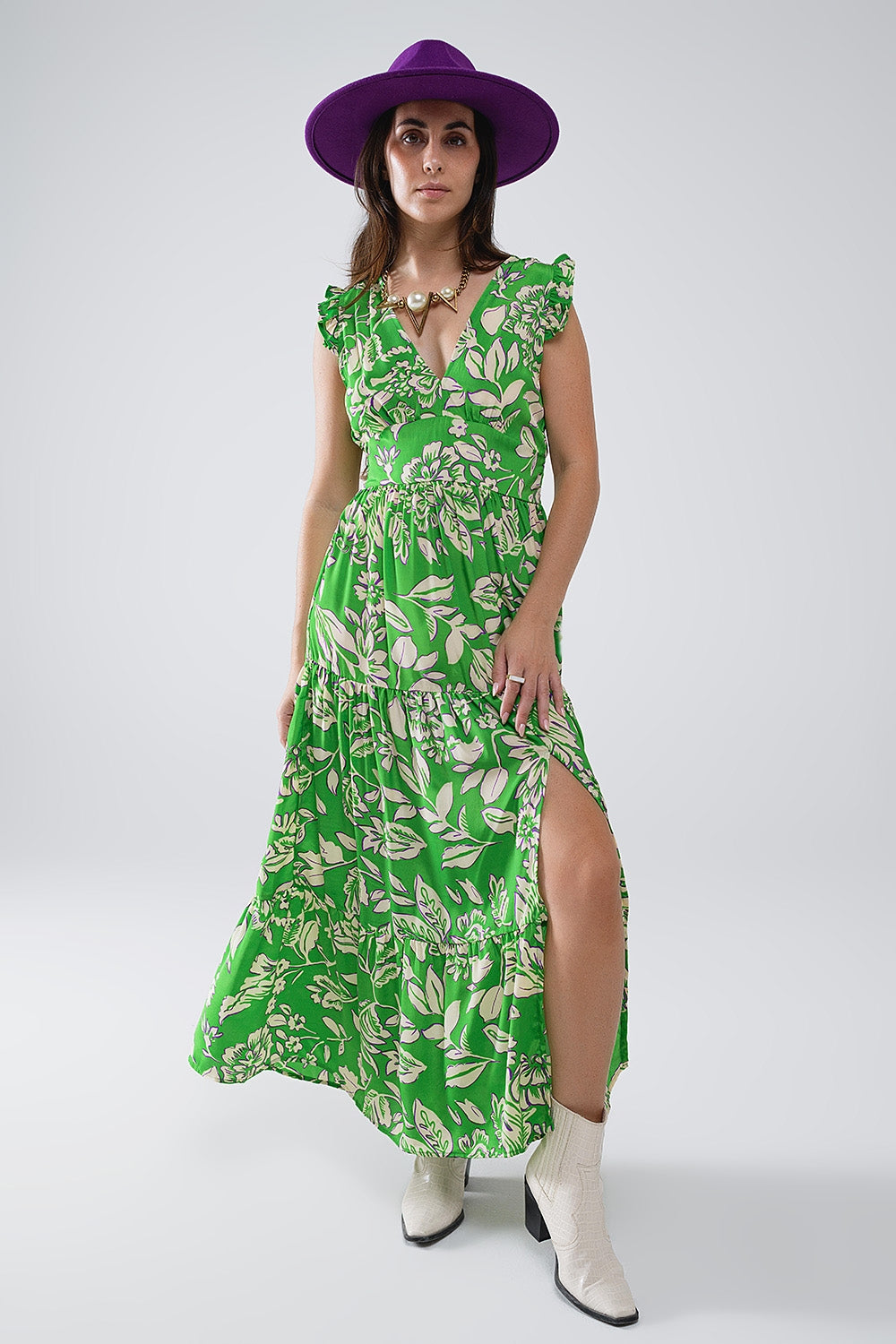 Maxi cinched waist floral print dress in green | Just Cool Beans — dresses