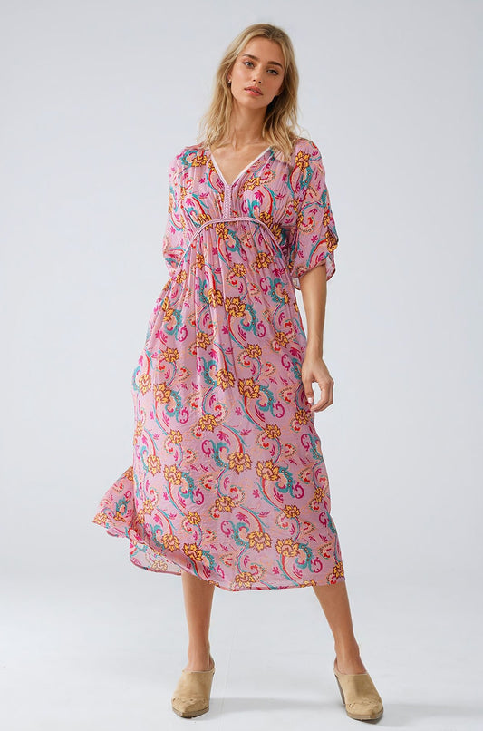 Maxi dress in pink with braided seams and flower print | Just Cool Beans — dresses