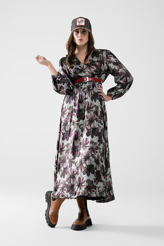 Maxi dress with metallic effect flower print | Just Cool Beans — dresses
